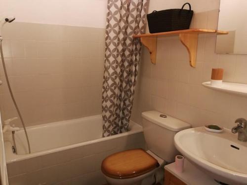 une salle de bain avec toilettes, lavabo et douche dans l'établissement Sylvia 46, joli studio ensoleillé en centre-ville - Multipass inclu, à Châtel