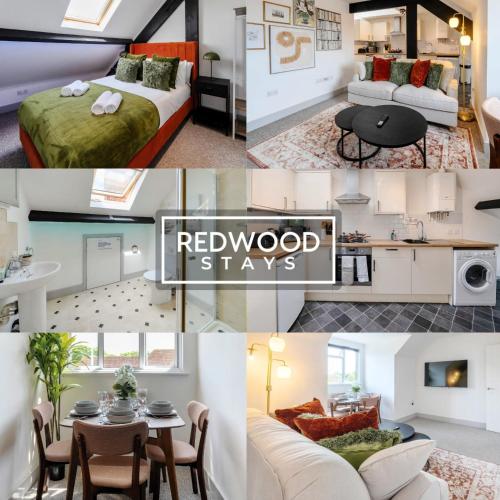 a collage of photos of a bedroom and a living room at Comfortable and Homely 1-Bedroom 1-Bathroom Serviced Apartment, Free Parking, Free WiFi By Redwood Stays in Farnborough