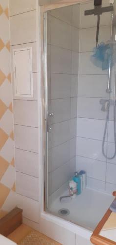 une salle de bain avec une douche avec une porte vitrée dans l'établissement appartement proche paris et Roissy, à Persan