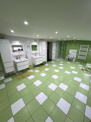 a large bathroom with green and white floors and sinks at Haus mit Pool Großschönau in Großschönau
