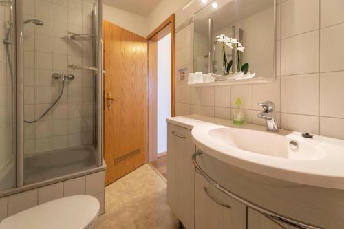 a bathroom with a sink and a shower and a toilet at Luv und Lee - Über dem Meer in Hohwacht