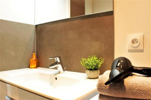 une salle de bain avec un lavabo et un sèche-cheveux noir dans l'établissement Art Bay 2 velos parking, à Annecy