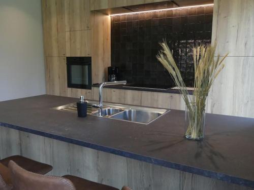 a kitchen counter with a sink and a vase of grass at vakantiehuis Le Libr-air in Koksijde