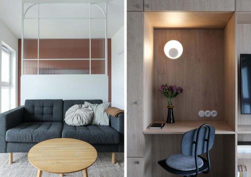 two images of a living room with a couch and a table at VIP Apartament Kopisto CENTRUM in Rzeszów