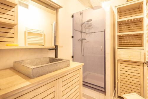 une salle de bain avec un lavabo et une douche dans l'établissement Le Refuge - Appt vue montagne, à Chamrousse