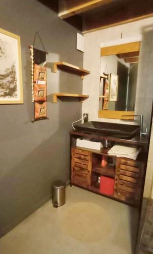 une salle de bain avec un lavabo et un miroir dans l'établissement L'Art'Home à Carnon Plage, à Mauguio