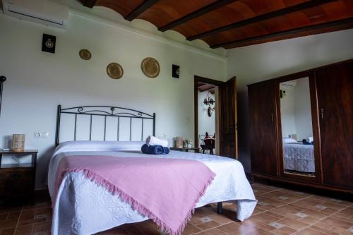 a bedroom with a large bed with a pink blanket at Alojamiento turístico Loma Alta in Cambil