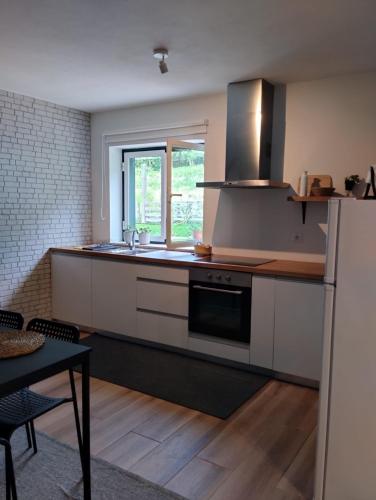 a kitchen with a sink and a stove top oven at Casa do Passal in Belinho