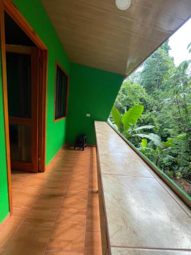 a room with a green wall and a wooden floor at Ceiba lodge in Drake