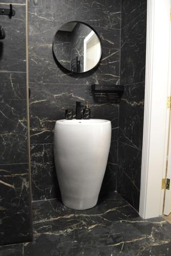 a bathroom with a white sink and a mirror at Park Gate apartment in Chernivtsi