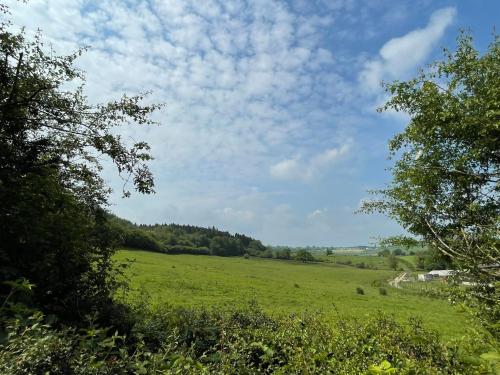 a green field with trees and a cloudy sky at Hoarthorns Hideaway Forest of Dean in Coleford