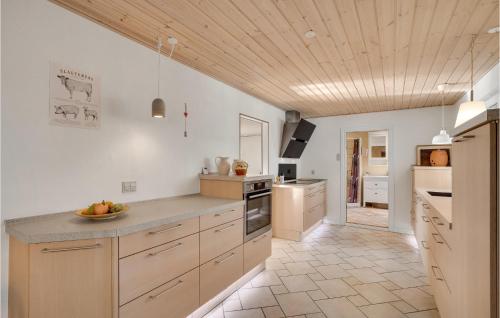 a kitchen with white walls and a wooden ceiling at 4 Bedroom Pet Friendly Home In Spøttrup in Spottrup