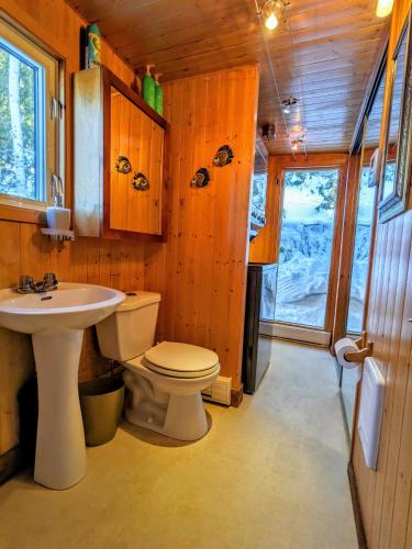 a bathroom with a toilet and a sink at Chalet La Caille in LʼAnse-Saint-Jean