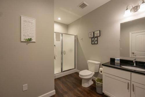 a bathroom with a toilet and a shower and a sink at Luxury 3BR, 3BA - Vaulted Ceilings - Resort Amenities - Stairs Required - FREE TICKETS INCLUDED - FH-G303 in Branson