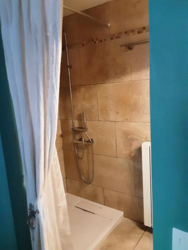une salle de bain avec une douche avec un rideau de douche dans l'établissement La Renardière, à Saint-Jurs