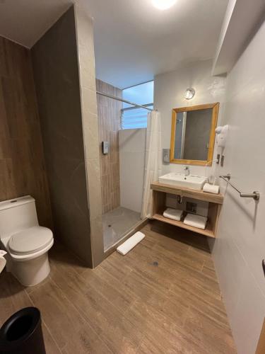 a bathroom with a toilet and a sink and a mirror at CASA CRISTOBAL Centenario in Cusco