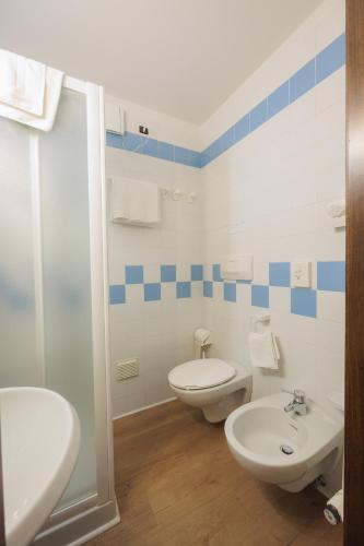 a bathroom with a sink and a toilet and a shower at Hotel Binelli in Pinzolo