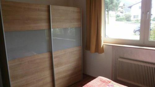 奇勒谷地哈特Ferienwohnung in ruhiger Lage für 5 Personen的卧室里的玻璃衣柜,带窗户