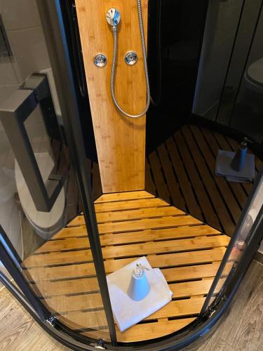 a bathroom with a shower and a sink and a toilet at Hôtel Le Saint Amand in Saint-Amand-Montrond