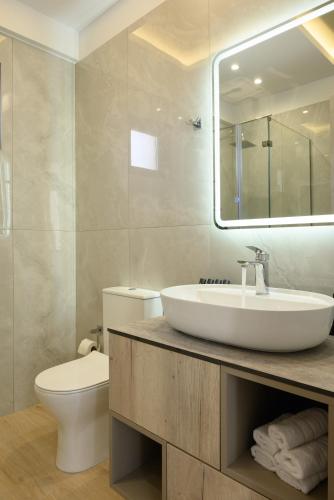 a bathroom with a sink and a toilet and a mirror at Almyriki Villas in Ierapetra