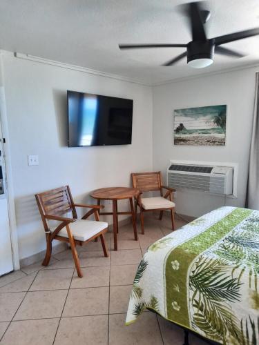 a bedroom with a bed and a table and a tv at Daytona Beach Hawaiian Inn in Daytona Beach