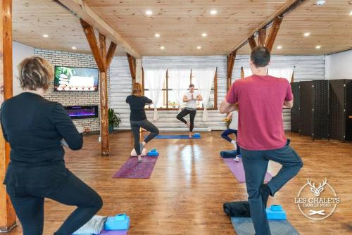 a group of people doing yoga in a gym at Le2089 - Spa et plage - Les chalets dans le nord in Sainte-Lucie-de-Doncaster