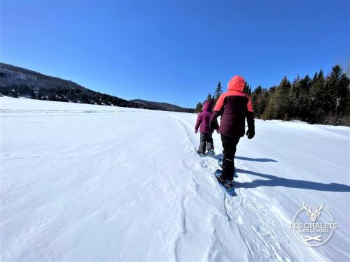 a couple of people walking in the snow at Le2089 - Spa et plage - Les chalets dans le nord in Sainte-Lucie-de-Doncaster