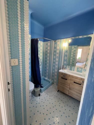 une salle de bain bleue avec des toilettes et un lavabo dans l'établissement la Villa Charme et Confort, à Chamaret