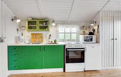 a kitchen with green cabinets and a white stove at 1 Bedroom Nice Home In Stege in Stege