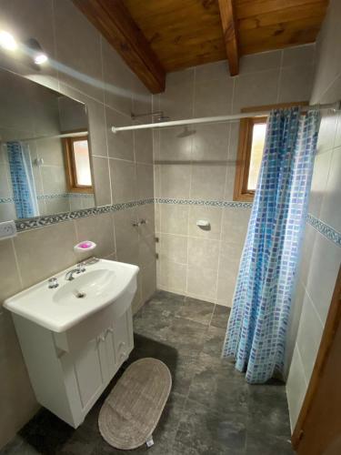 a bathroom with a white sink and a shower at Departamento El Origen-SMA in San Martín de los Andes