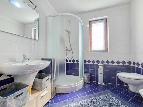 a bathroom with a shower and a sink and a toilet at Fabiola in Karigador