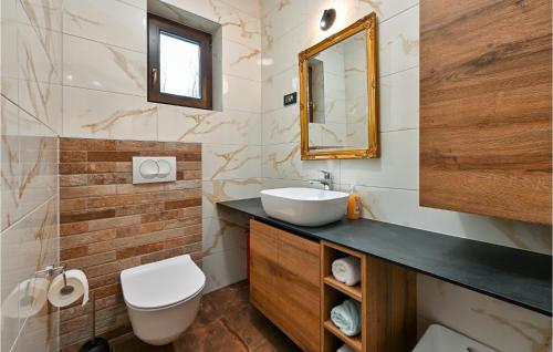 a bathroom with a sink and a toilet and a mirror at Beautiful Home In Kelemen With Sauna in Kelemen