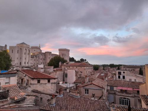 a view of the city at sunset at Appart face au Palais des Papes in Avignon