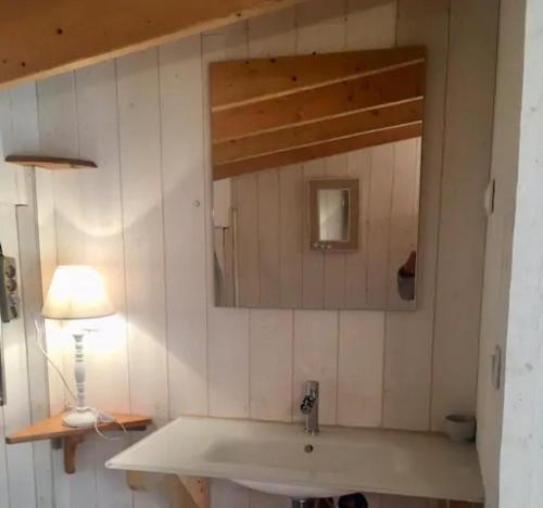 a bathroom with a sink and a mirror at Cap Ferret Villa Grand Chalet Bois in Lège-Cap-Ferret