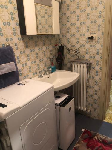 a bathroom with a sink and a washing machine at L'oasi dei larici - Montoso in Bagnolo Piemonte
