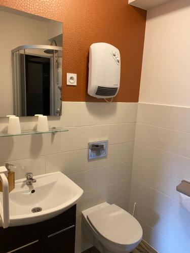 a bathroom with a white toilet and a sink at Hôtel Le Saint Amand in Saint-Amand-Montrond