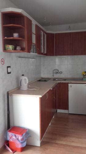 a kitchen with wooden cabinets and a counter top at Pokoje Herta - Domek letniskowy in Stawiguda