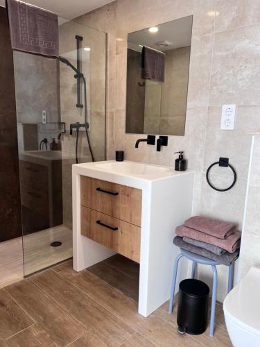 a bathroom with a white sink and a shower at Casa LARA in Empuriabrava