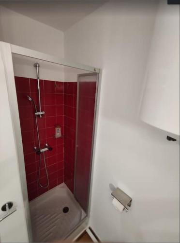 La salle de bains est pourvue d'une douche et de carrelage rouge. dans l'établissement Super logement pour 4 avec SPA privé, plages à proximité, piscine et jardin, à Sausset-les-Pins