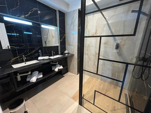 a bathroom with a shower and a sink at Brit Hotel Privilège Le Royal - Centre Gare in Troyes