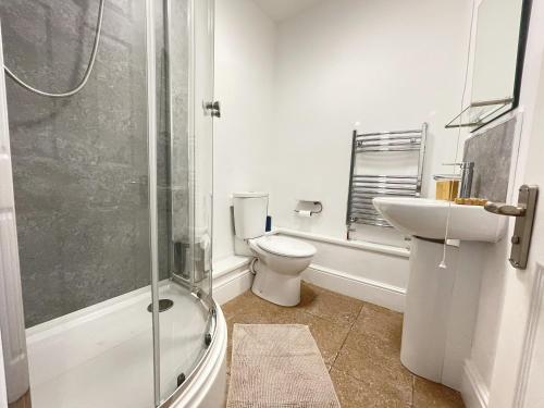 a bathroom with a shower and a toilet and a sink at Winwood House in Goole