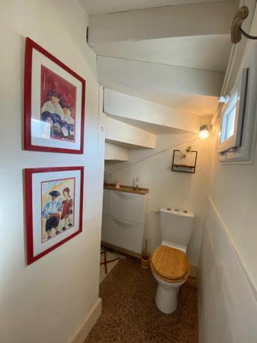 La salle de bains est pourvue de toilettes et de photos murales. dans l'établissement Petite maison de vacances, à Oloron-Sainte-Marie
