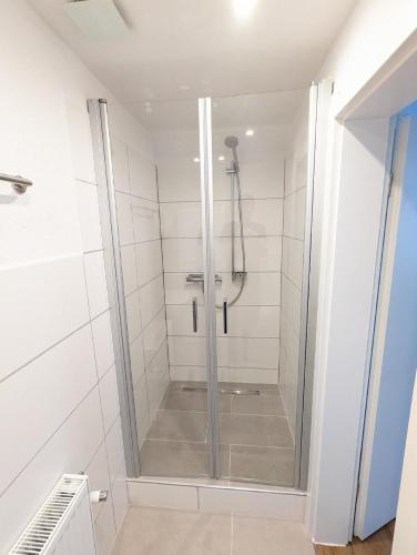a shower with a glass door in a bathroom at BUT 44 - Wattläufer in Butjadingen