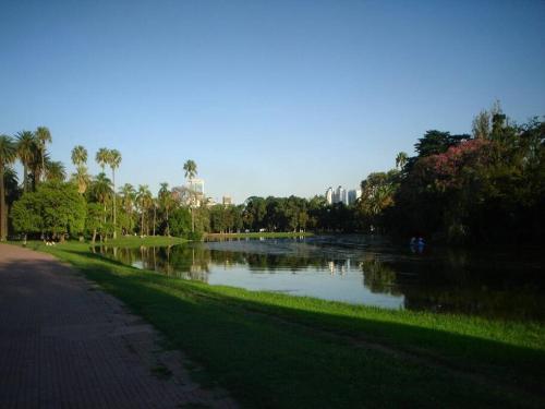 a river in a park with palm trees and a sidewalk at Luminoso Estudio en Palermo, Las cañitas in Buenos Aires