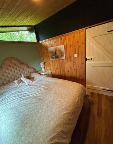 a bedroom with a large bed with a window at 11 Tan-y-coed Woodland Lodge in Newcastle Emlyn