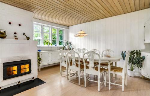 a dining room with a table and a fireplace at Amazing Home In Børkop With Wifi in Børkop