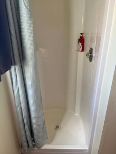 a shower in a bathroom with a shower curtain at Grayling Bunkhouse at Red-Bow in Sterling