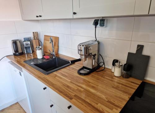 a kitchen counter with a mixer and a sink at Little Wish in Gdańsk