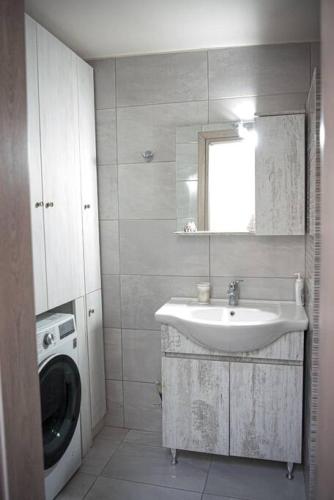 a bathroom with a sink and a washing machine at Betty's 4 Seasons in Agria in Agria