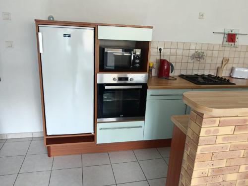 una cocina con nevera y microondas en Le Coin Cozy, en Carhaix-Plouguer